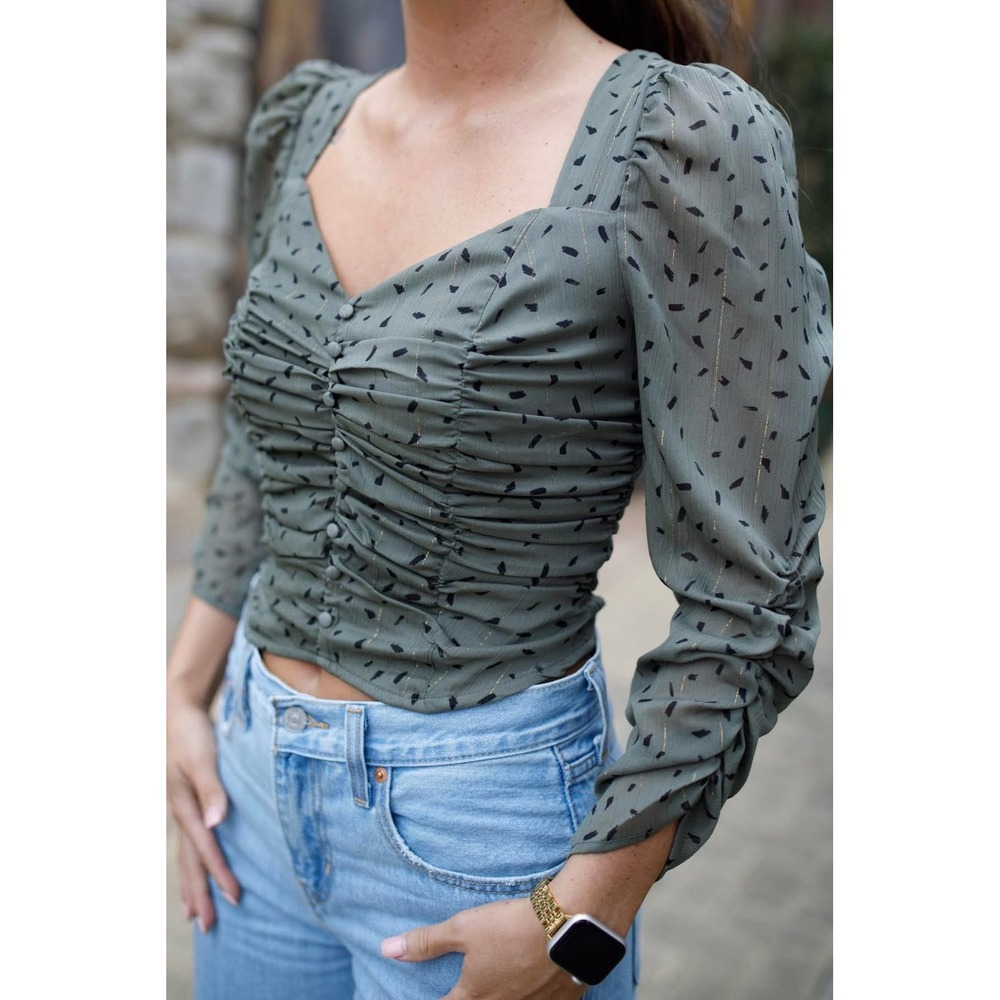 NWOT MINE Green Ruched Front Blouse Gold Metallic Accent Abstract Print Size M